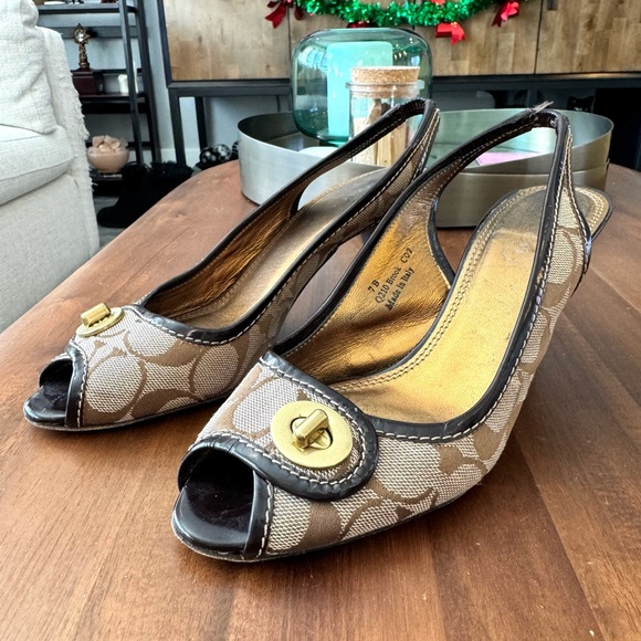 Coach Logo Fabric Leather Sling Back Heels - Picture 1 of 8